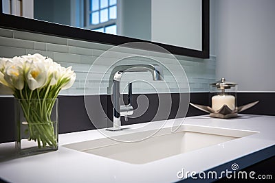 contemporary low-flow fixtures in a sleek bathroom Stock Photo