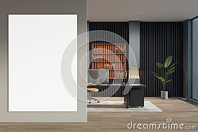 Contemporary luxury office interior with empty white mock up banner, bookcase and other objects. Stock Photo