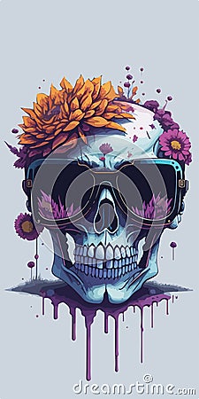 A modern artwork with a scary skull and intricate bone details, surrounded by colorful flora. Vector Illustration