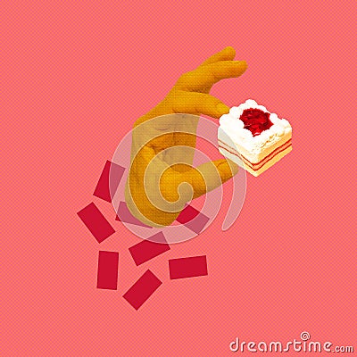 Contemporary minimal art collage Hand holds cake. Calories, diet, food concept Stock Photo