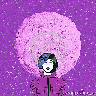 Contemporary minimal collage art. Sketch cosmic astronaut girl in creative purple space. Pop zine culture Stock Photo