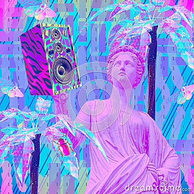 Contemporary minimal fashion concept collage. Antique statue Lady and Dj Disco stuff. Back in 90s party style. Zine and vapor wave Stock Photo