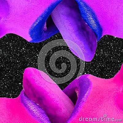 Contemporary minimal pop surrealism collage art. Sensual tongues in space Stock Photo