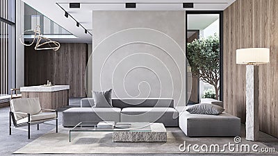 Contemporary minimalist interior with sofa, armchair, coffee table, wood panel, blank wall. Cartoon Illustration