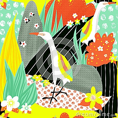 Contemporary modern collage of white Egret bird seamless pattern. Modern colorful tropical animal nature collage Stock Photo