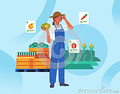 Contemporary modern farmer show yields monitoring his farm with a digital app modern agriculture Vector Illustration