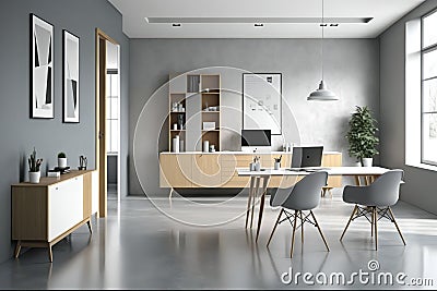 Black & White Office: Sleek Design, City Skyline View, and Touch of Luxury Stock Photo