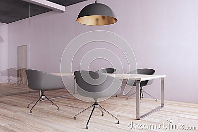 Contemporary office interior with mock up place on concrete wall, lamp, wooden flooring, desk, chairs and reflections on glass. 3D Stock Photo