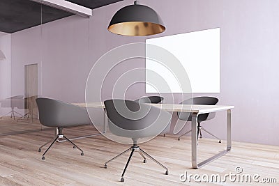 Contemporary office interior with mock up poster on concrete wall, lamp, wooden flooring, desk, chairs and reflections on glass. Stock Photo