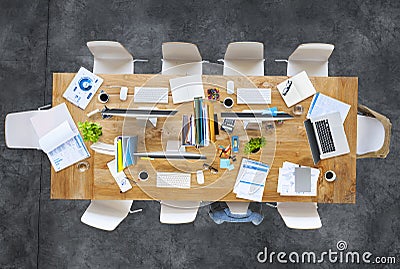 Contemporary Office Table with Equipments and Chairs Stock Photo