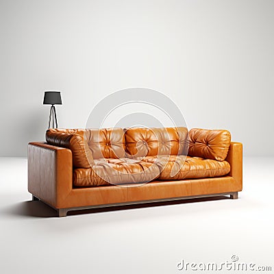 Contemporary Orange Leather Sofa: Captivating Lighting And Rustic Simplicity Stock Photo