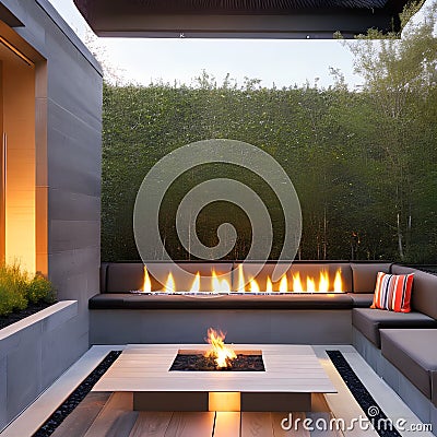 A contemporary outdoor lounge with a fire pit, built-in seating, and string lights overhead1 Stock Photo