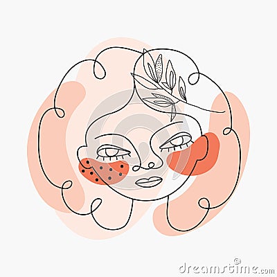 Contemporary portrait of a woman in one continuous line. Abstract composition female face and stylized plant elements. Art line Vector Illustration