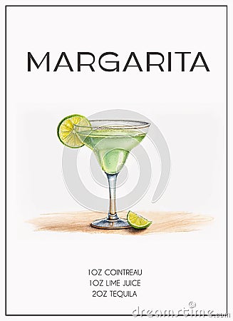 Contemporary poster of Margarita cocktail recipe with lime wedge, cutted lemon wedge. Classic alcoholic beverage. Modern Vector Illustration