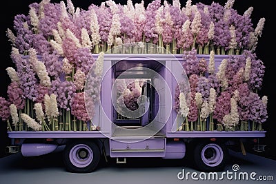 Contemporary purple flower truck, for Valentine's Day, contains many giant cymbidium flowers Stock Photo