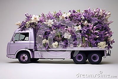 Contemporary purple flower truck, for Valentine's Day, contains many giant cymbidium flowers Stock Photo