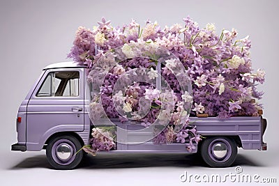 Contemporary purple flower truck, for Valentine's Day, contains many giant cymbidium flowers Stock Photo