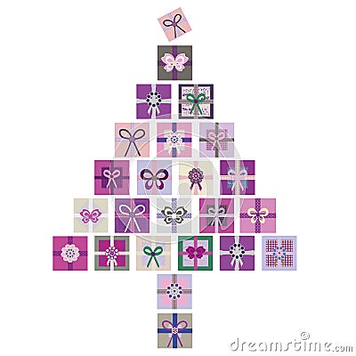 Contemporary purple, pink and green vector isolated illustration of Christmas tree made from stacks of presents Cartoon Illustration