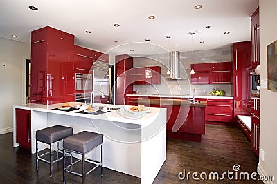 Contemporary red modern kitchen with 2 different island Stock Photo