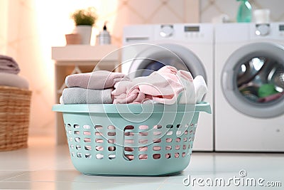 A contemporary room showcasing a washing machine, dryer, and a folded laundry basket Stock Photo