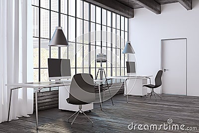Contemporary studio office interior with window and city view, hardwood floor, daylight, furniture and equipment. Stock Photo