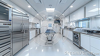 Contemporary surgery suite: outfitted with sterilized tools and surgical platform Stock Photo