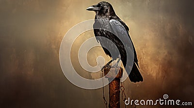 Contemporary Take On Medieval Art: Image Of Crow Poll Perched On A Post Stock Photo