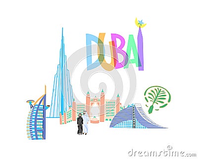 Contemporary travel postcard or banner - welcome to Dubai with famous buildings and arab couple in tradition muslim Vector Illustration