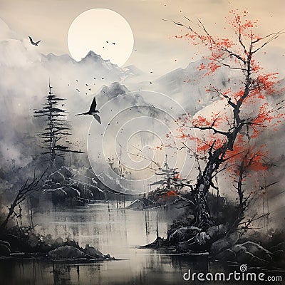 Contemporary Tree Sumi-e Ink Painting Stock Photo