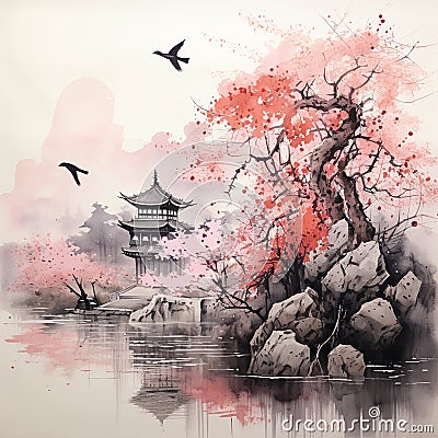 Contemporary Tree Sumi-e Ink Painting Stock Photo