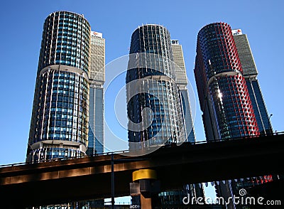 Three modern cylindrical glass skyscrapers. International Towers, Barangaroo, Syndey, Australia. Triplet highrise buildings Editorial Stock Photo