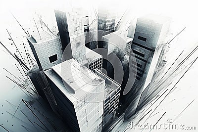 Contemporary urban art Black and white abstract architectural illustration Cartoon Illustration