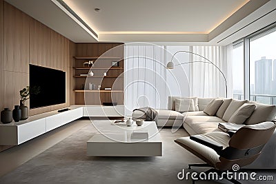 A contemporary urban living-room with a sleek and minimalist design, big TV on the wall and a cozy sofa Stock Photo