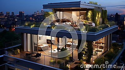 A contemporary urban loft apartment building with rooftop gardens and city views. Stock Photo