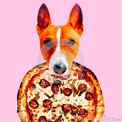 Contemporary visual art collage. Minimal concept. Head dog and pizza Stock Photo