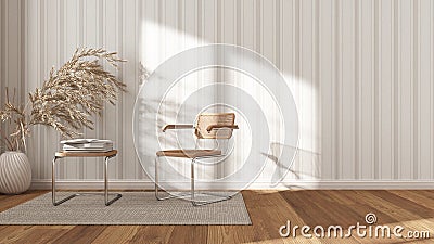 Contemporary waiting sitting room in white and beige tones. Rattan and steal armchairs, side table, carpet, window and decors. Stock Photo
