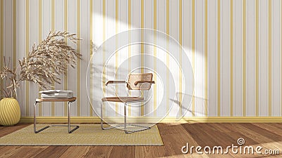 Contemporary waiting sitting room in white and yellow tones. Rattan and steal armchairs, side table, carpet, window and decors. Stock Photo