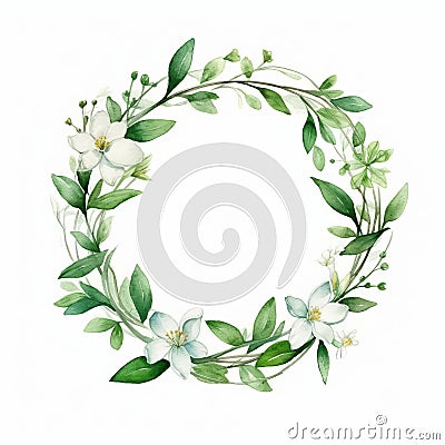 Contemporary Watercolor Green Wreath With Delicate Flowers Cartoon Illustration