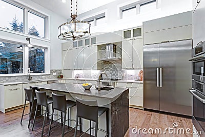 Contemporary white kitchen with high-end kitchen appliances Stock Photo