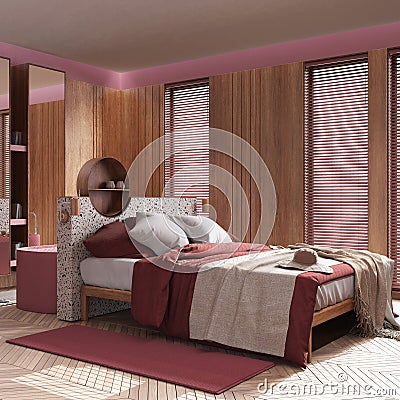 Contemporary wooden bedroom and bathroom in red and beige tones. Double bed, freestanding bathtub, parquet and wallpaper. Modern Stock Photo