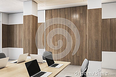 Contemporary wooden and concrete boarding room interior with furniture and equipment. Stock Photo