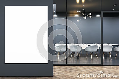 Contemporary wooden, concrete and glass meeting room interior with empty mock up banner on wall, furniture and partitions. Stock Photo