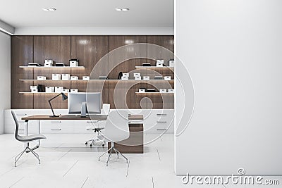 Contemporary wooden and concrete office interior with empty mock up place on wall, furniture, bookshelves with books. Work and Stock Photo