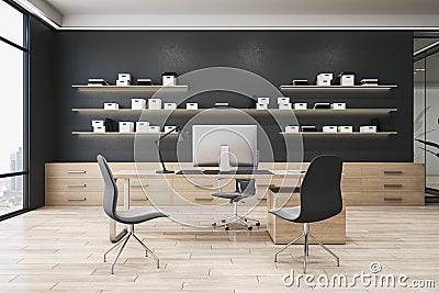 Contemporary wooden and concrete office interior with furniture, bookshelves with books, window with city view and daylight. Work Stock Photo