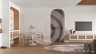 Contemporary wooden dining and living room in white tones, table with chairs, sliding door. Rattan television cabinet, carpet, Stock Photo