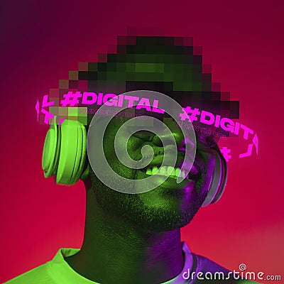 Contemporay artwork. African man with pixel head parts listening to music in headphones isolated over red background in Stock Photo