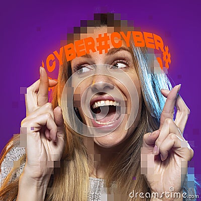 Contemporay artwork. Young emotive woman with neon lettering around pixel head over purple background Stock Photo