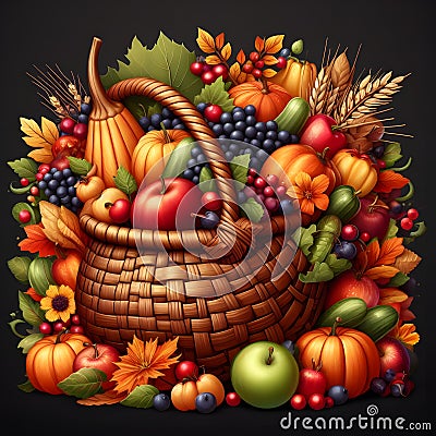 Vibrant cornucopia overflowing with autumn harvest fruits and vegetables. Stock Photo