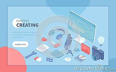 Content creating Marketing strategy. Content management and planning, analysis and optimization. Isometric vector illustration Vector Illustration