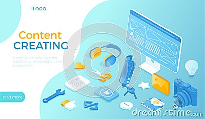 Content creating Marketing strategy. Content management and planning, analysis and optimization. Isometric vector illustration Vector Illustration